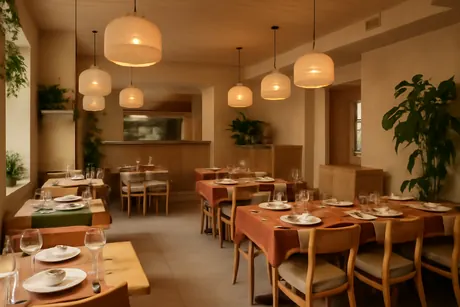 Projection générée d'une salle de restaurant aménagée : tables dressées, suspensions en fibre, plantes, banquettes. Image générée par intelligence artificielle, non contractuelle.